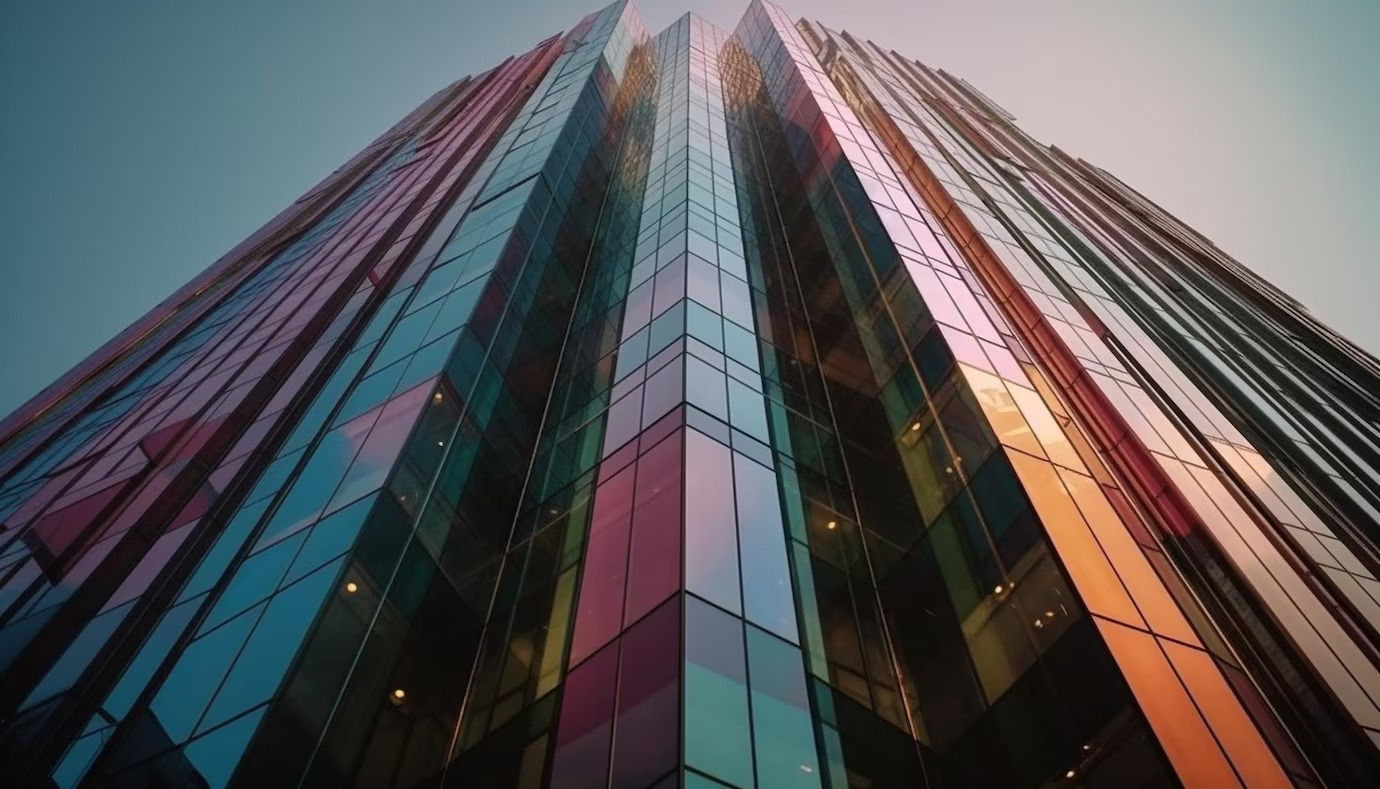 futuristic skyscraper steel glass illuminated